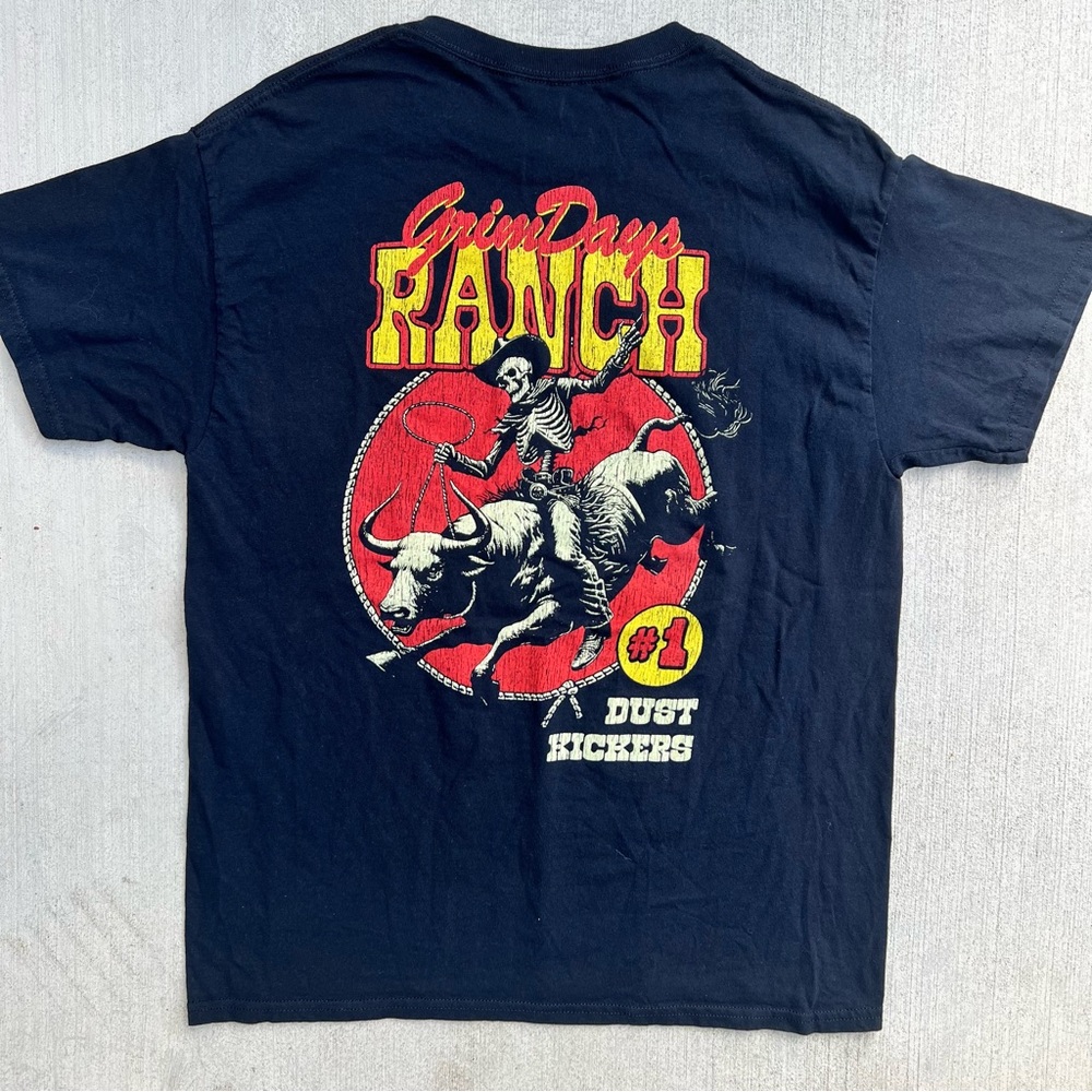 Grim Days Ranch Dust Kickers Skeleton Bull Rider Graphic Tee Men's Large